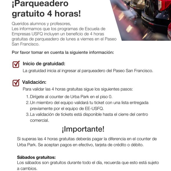 Beneficio ¡Parqueadero gratuito 4 horas!